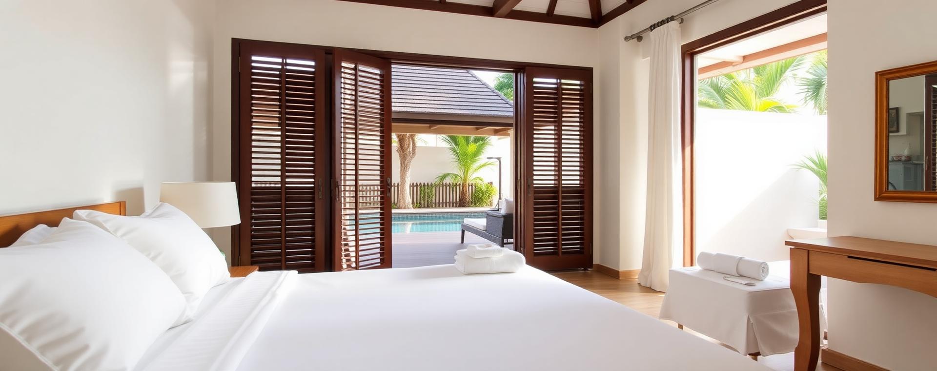 Housekeeper preparing a bright villa bedroom in Phuket