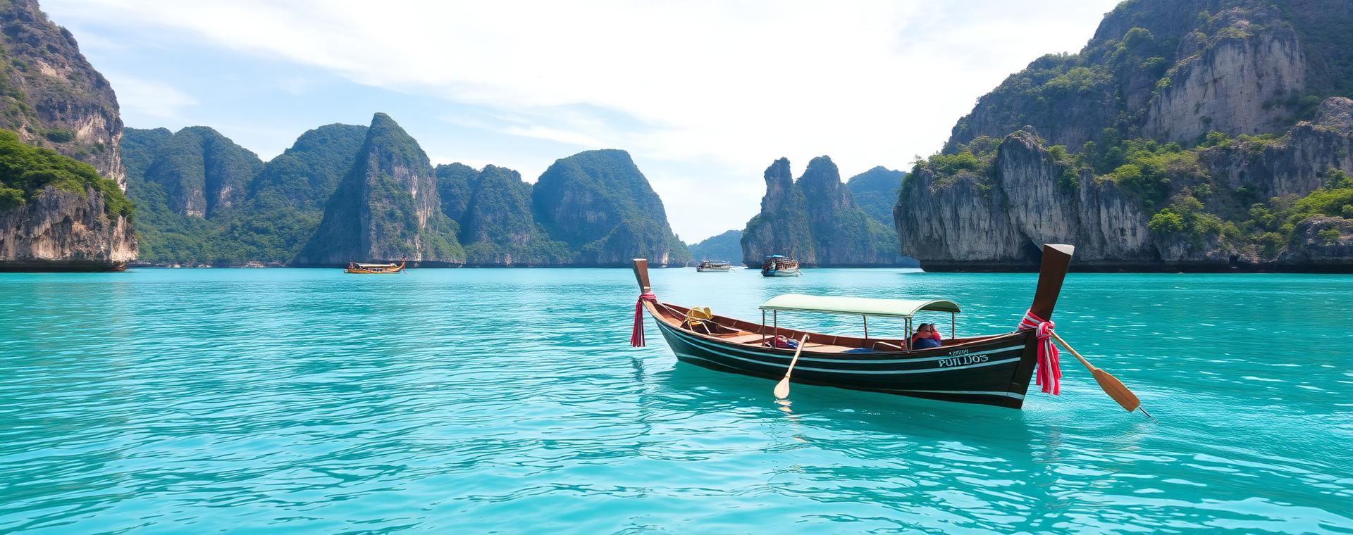 Longtail boat beside a limestone island near Phuket