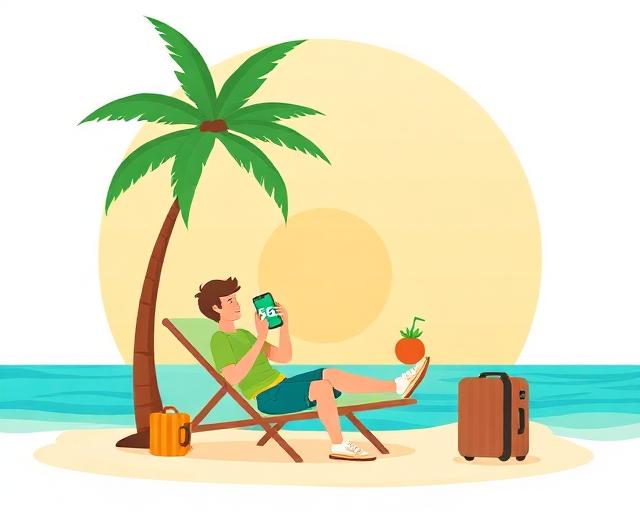 Illustration of a traveller relaxing on the beach using a phone with 5G