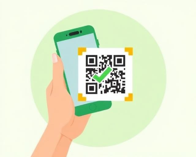 Illustration of a hand holding a smartphone scanning a QR code